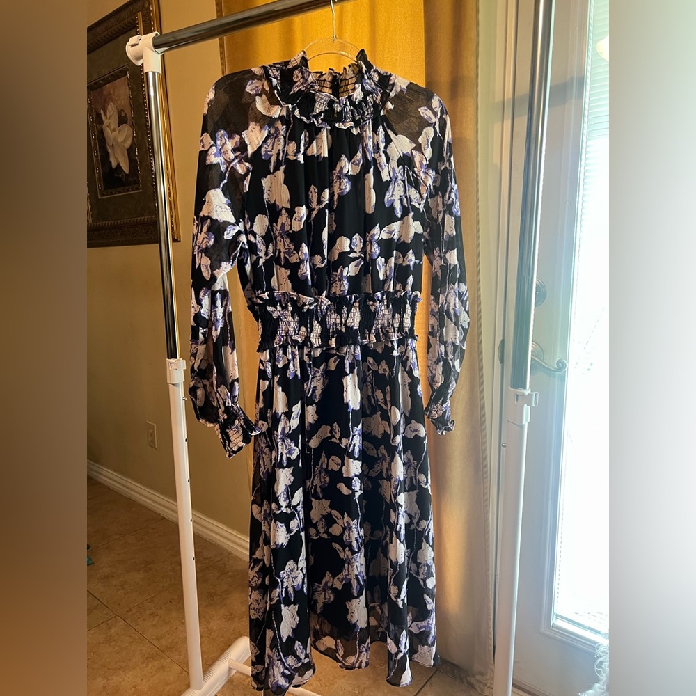 Floral Ruffled Neck Long-Sleeve Midi Dress - Black and White